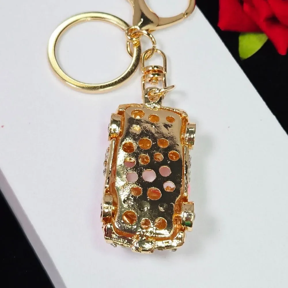 Pink Rhinestone Convertible Car Keychain Gold Bling Purse Bag Charm Car Girl